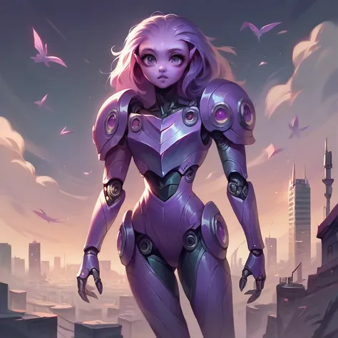  masterpiece ,  best quality ,  ultra high resolution , realistic leather texture, Female alien, sexy, tight clothes,  white and purple theme,  cybernetic armor , Tunica, city, metallic skirt, psionic powers , big head, Bifurcated legs