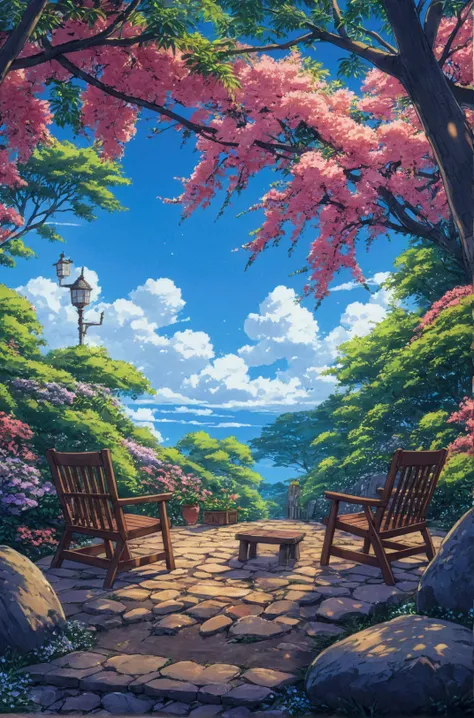 painting of two wooden chairs sitting on a stone path in a garden, anime beautiful peace scene, scenery artwork, beautiful anime scenery, beautiful anime scene, scenery art detailed, anime nature, anime scenery, anime nature wallpap, anime background art, ...