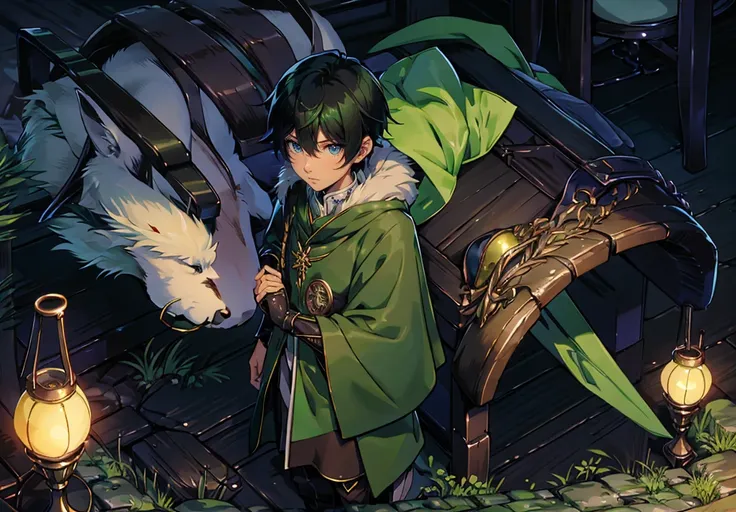 yuichiro hyakuya, (WithoutFear:1), 1 boy, black hair, green eyes, brown coat, gray armor, green shield, green cloak, dark brown gloves, space, legendary aura, white fur trim, tall, anime, standing, good quality, portrait, looking at viewer