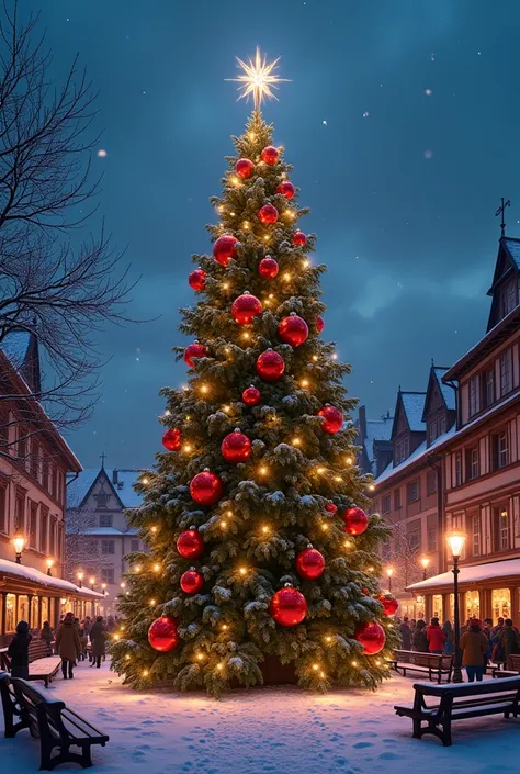 Large green Christmas tree with red balls with lots of colorful lights in the center of a square with wooden benches at snowy night in Europe 