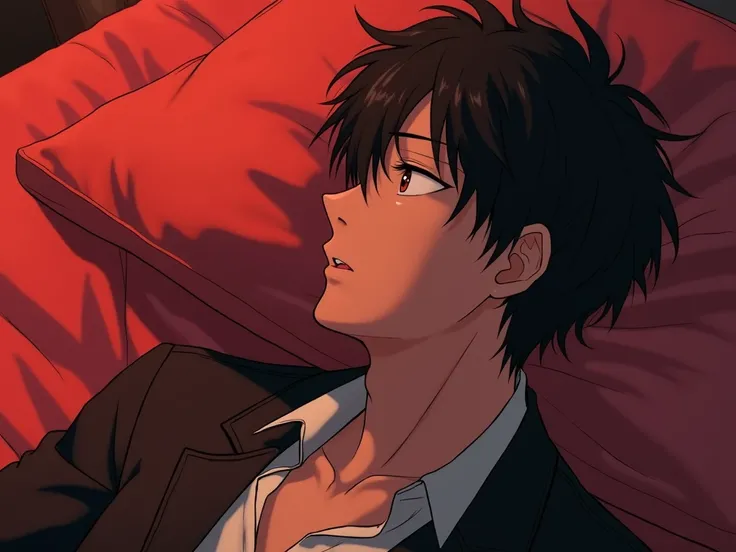 The leather cover , The face of a newly awakened Korean man who is in the underwear of a suit and faces one way or another about 45 degrees., Age 32 , The semi-realistic anime ,  outside is covered in blood red, ,  is lying in bed 