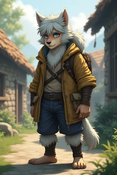 masterpiece, best quality ,ultradetailed, high resolution image, Extremely detailed,Alone,Fantasy,Lobo Beastman, boy,  boy,(direct,  short hair),blue eyes,cute face,furry, gray hair,fuzzy hair on the neck,(adventure clothing, brown), bare feet, ultradetail...