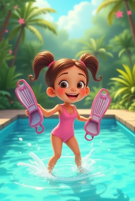 An animated girl in pink swimmer with flippers standing in a pool