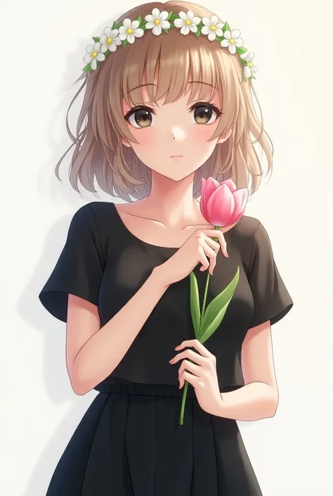 Colored anime woman , with loose light brown hair wide black pants a crown of white flowers short sleeve black blouse,  with a pink tulip in her hand tender face with black eyes light skin color , 