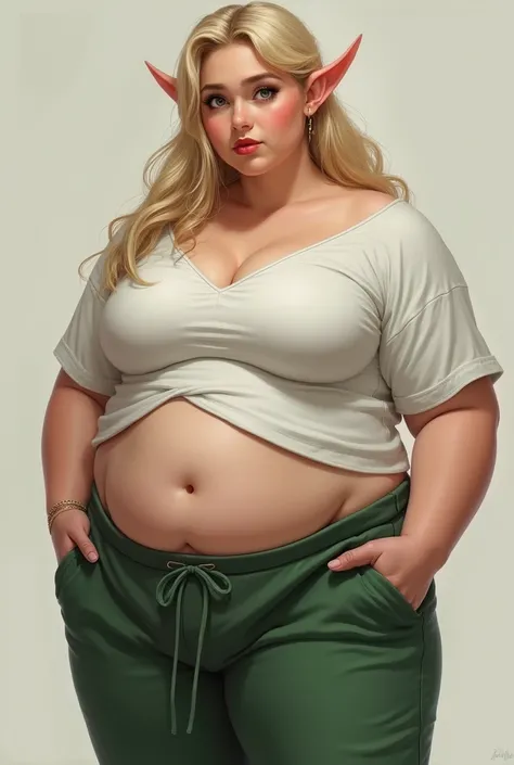 (masterpiece), best quality, expressive eyes, perfect face. A young blonde elf with large breasts and hips.shes wearing green sweatpants and an outgrown white shirt. Her addiction to fried has left her obese with a large belly hanging out of her clothes. O...