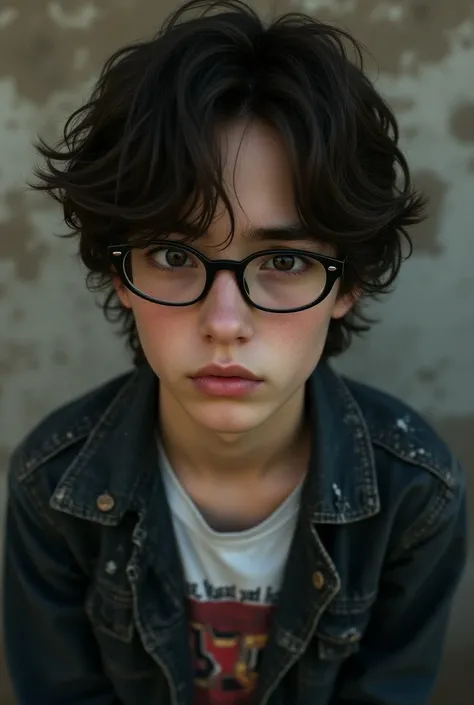 Selfie of a 17-year-old boy , wavy hair, with glasses, showing grunge style clothes, realistic