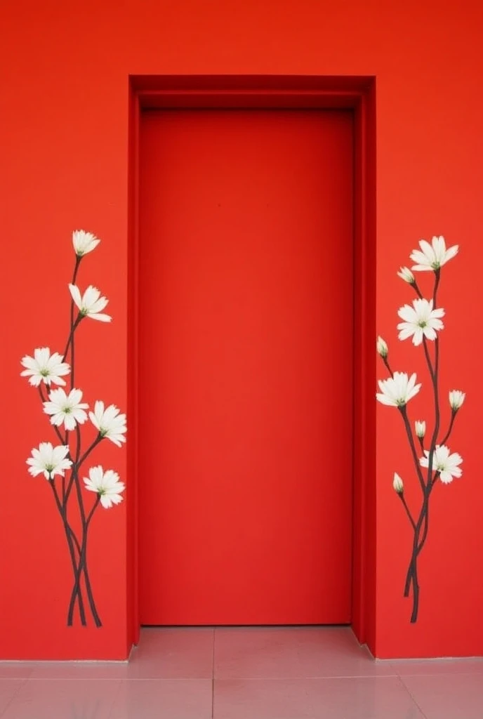 A hand-painted mural of minimalist white flowers on a red wall for a kitchen, in a door frame