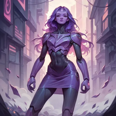  masterpiece ,  best quality ,  ultra high resolution , realistic leather texture, Female alien, sexy, tight clothes,  white and purple theme,  cybernetic armor , Tunica, city, metallic skirt, psionic powers , big head, Bifurcated legs