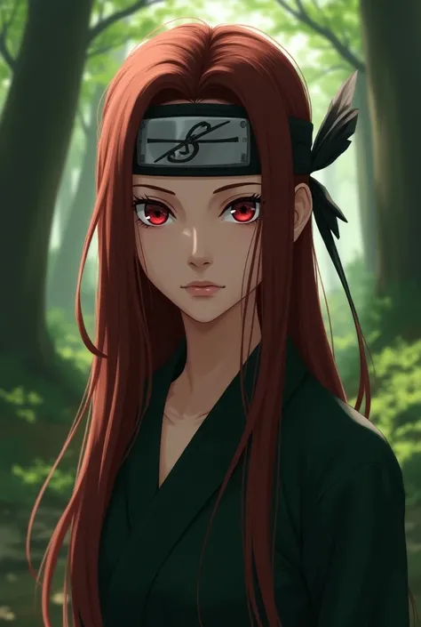  Naruto Shippuden

Make the following image 
My character ,
She is white she has red eyes ,  Long straight hair , Color chestnuts
Wear a ninja headband like Naruto Uzumakis
Do this Naruto style art 
Your expression is serious 
They are in Aldeia da Folha