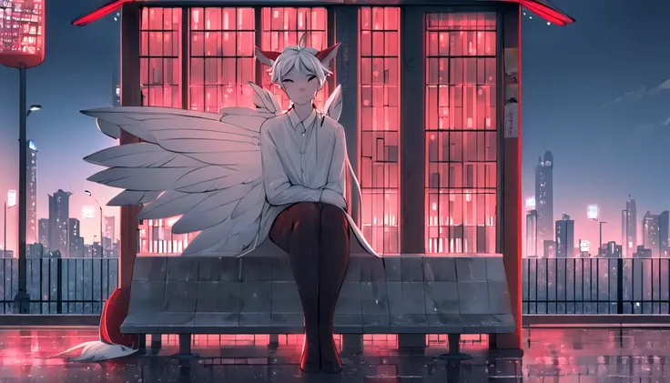 White Dragon Fluffy Red Horned Skinny Femboy All White Evening Dress Cool White Wings White Hair City Place Rain Fairy Wings Handsome Hair Sad Hairstyle Handsome Face Sitting at Bus Stop 4k Picture Handsome Looking Dragon