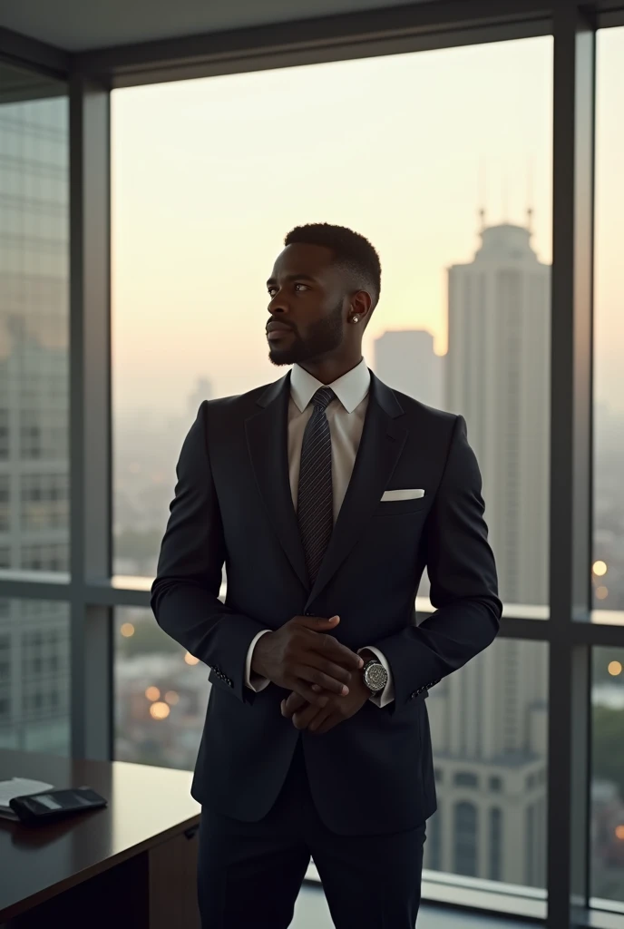 elegant black man in an office facing the city