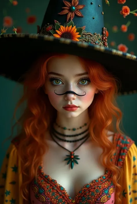 Beautiful girl with red hair, olive green eyes, witch hat with Mexican touches ,  Mexican dress and a charro mustache
