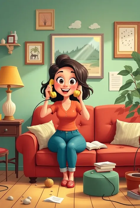 Woman answered the phone in the living room of her house. Let it be a cartoon and let the entire living room be seen 