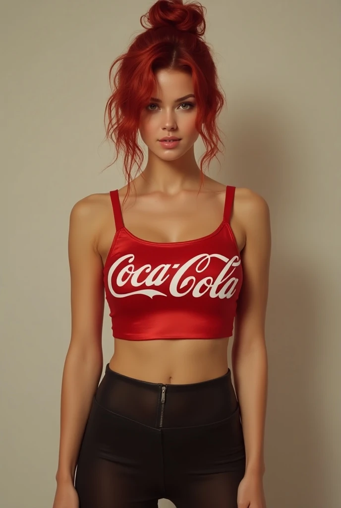 (photorealism:1.2), beautiful woman, woman with crimson red hair styled in a casual, messy bun, wearing blazing red silk mini top coca cola written on it and leggings showing curves