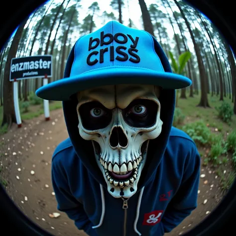 (fish eye) A man with the face of a skull and who wears a blue rapper cap that says BBOY CRISS and who is rapping to the camera and in the background you can see a forest with a sign that says ENSZMASTER PRODUCCIONES 