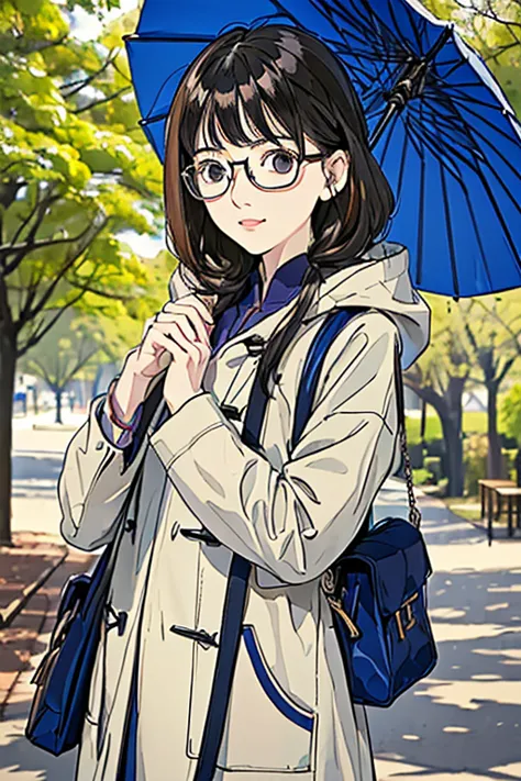 ((Best Quality)), ((傑Best Quality、masterpiece、High sensitivity、 Hi-Res、詳細な描写、 Delicate Facial Description)), Slender woman、Glasses、 duffle coat 、A tree-lined path in the park、