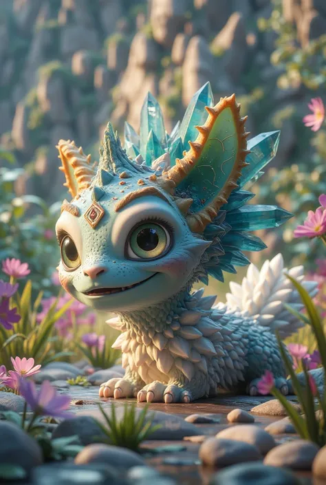 a cute crystal monster, extremely detailed 8k, gorgeous, bright colors, intricate textures, highly realistic, professional 3d render, volumetric lighting, cinematic composition, photorealistic, masterpiece