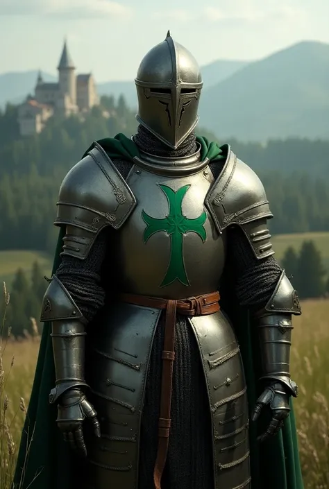 Make a medieval knight wearing armor with a carved green cross. Medieval style art