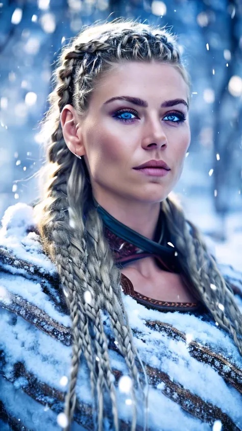 cinematic photo scandinavian girl, braided hair, viking, intense eyes, depth of field, blurry background, voluminetric light, 8k wallpaper, snow, trees, sunshine,  stunning portrait, hdr . 35mm photograph, film, bokeh, professional, 4k, highly detailed