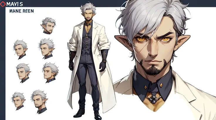  Original Adoptable Male Character Reference Sheet, manhwa styles, male scientist with yellowish skin and pointy ears, gray hair and goatee 