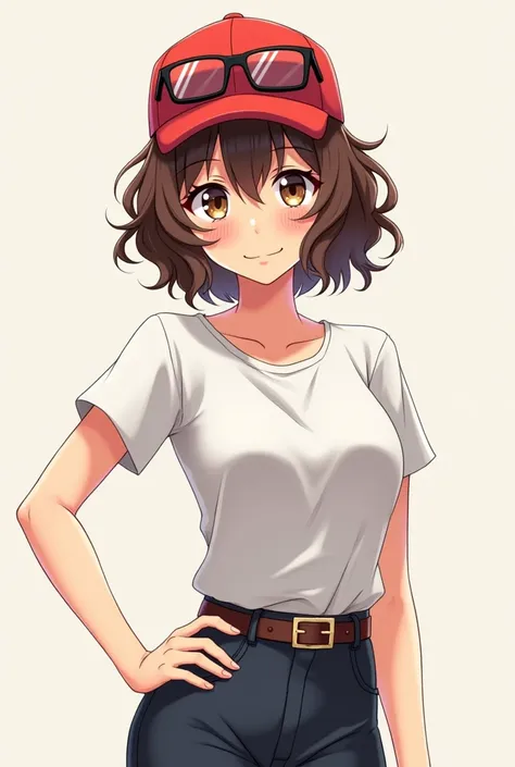 A female anime-type woman " brown hair with bangs on her face short hair " with black lenses on the top of her head"a red cap" poses with her hand on her hips .
