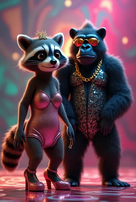 A female raccoon , Next to a Gorilla,  Dresses with Disco Clothing