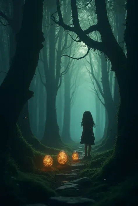 A girl walking through a forest that looks like a dark labyrinth with 3 eggs
