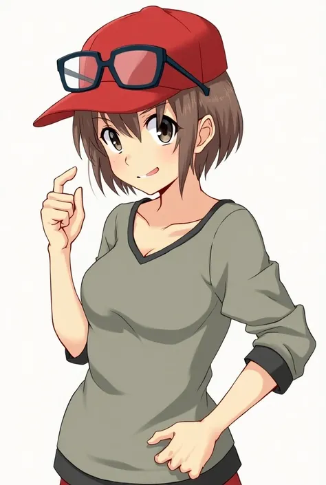 A female anime-type woman " brown hair with bangs on her face short hair " with black lenses on the top of her head"a red cap" poses with her hand on her hips .
with glasses 