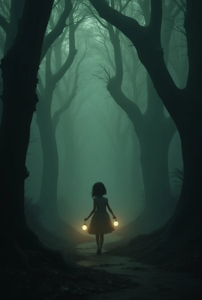 A girl walking through a forest that looks like a dark labyrinth with 3 eggs in her hand
