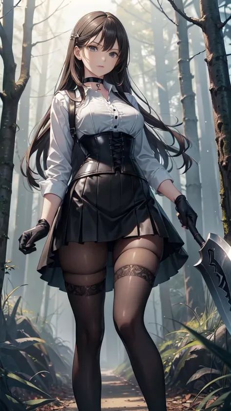  masterpiece ,  Best quality , high resolution,  beautiful detailed eyes,  extremely detailed face , Detailed CG, 1 girl; standing, holds an axe in his hand,  view from the front,  looking at the spectator,  long black hair , black eyes,  serious expressio...