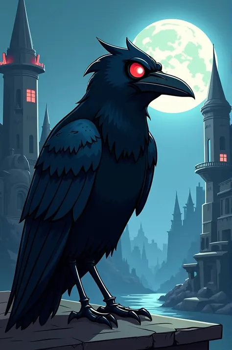 Raven in a cartoon style of Archer crossed with surrealism and modern with dark, goth, cool color tones 