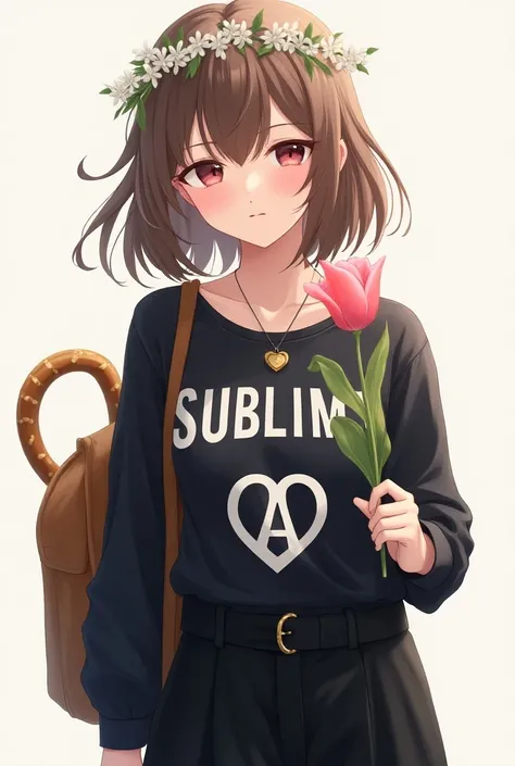 anime woman, loose brown hair ,  a crown of white flowers on the head ,  a necklace that is half a heart that has the letter A ,  a black blouse with a large sole in the middle that says sublime, a wide black pants ,  wearing a pretcel backpack ,  a pink t...