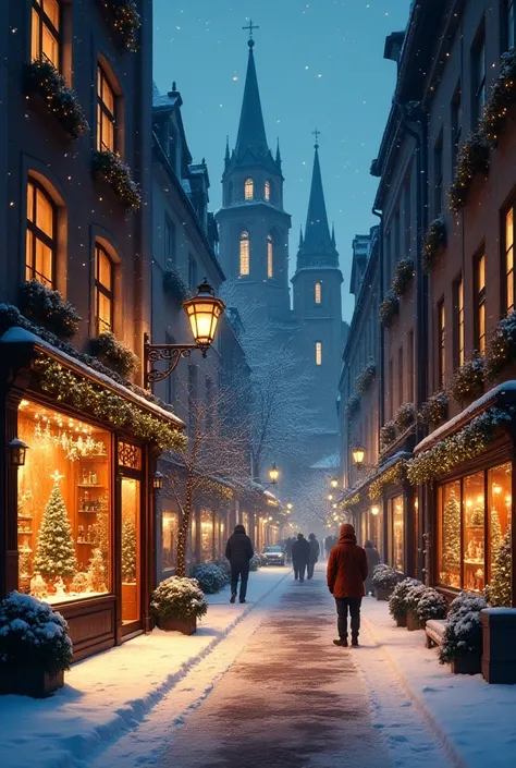 Stores with large glass windows decorated for Christmas, snowy streets that are very illuminated at night in Europe 