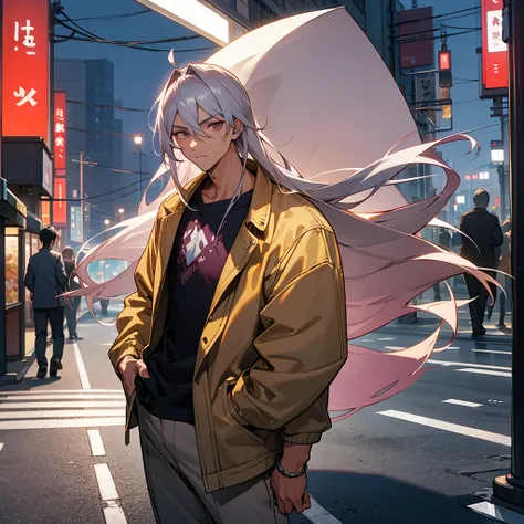 1male, young teen, tan skin, finely detailed plum eyes, straight long hair, grey hair color, fitted boomer jacket, designer shirt, baggy pants, standing on street, night time, tokyo streets, calm expression, muscular