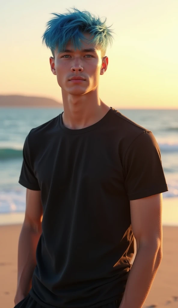 "a young Russian, 19 years old, WITH (((( short, messy blue hair and striking blue eyes )))), handsome, put:  WITH camiseta sin mangas negra y pantalones cortos negros.  The scene is set on a beach in the golden hour , WITH una actitud natural,  Warm light...