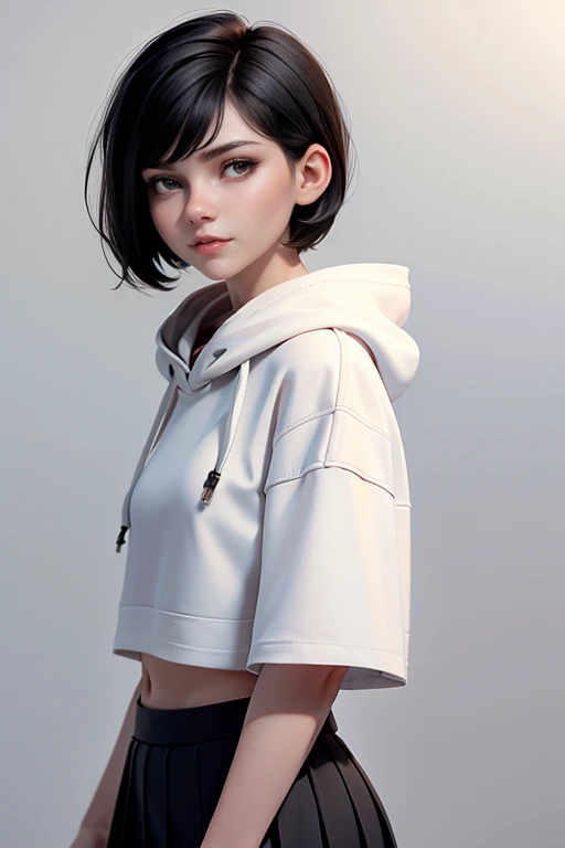 Young woman,  short black hair, brown eyes,  wearing a white hoodie,  black pleated skirt ,  natural lighting ,  ultra resolution ,  plain white background , without patterns, No textures.