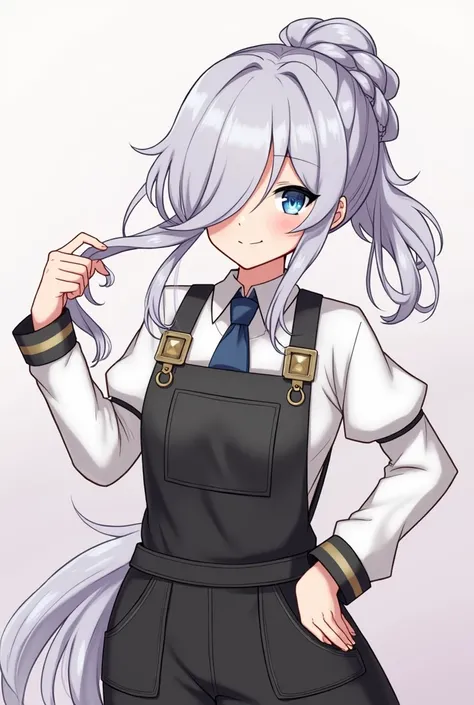 ,Shenhe (genshin impact), long hair,  hair over one eye, OVERALLS, shezfe , blue eyes, partially fingerless shezfe , beautiful,  braided ponytail ,  hip opening  , hair ornament, holding, black OVERALLS
