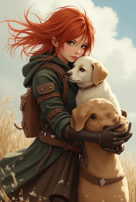 Une fille de dos, dans un monde fantasy, ses cheveux roux au vent, avec son chien de type labrador au couleur du rottweiler et avec son chat blanc. La DA doit ressembler a final fantasy xiv. Je veux que la fille est un style daventuriere