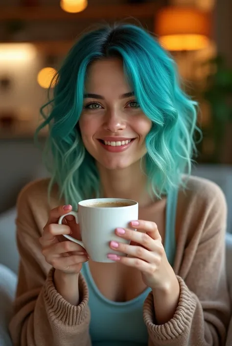 25 year old Woman, Water green hair with blue tips, happy in your home,  drinking coffee 