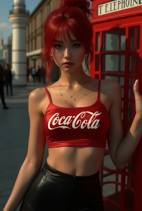 (photorealism:1.2), beautiful woman, woman with crimson red hair styled in a casual, messy bun, wearing blazing red silk mini top coca cola written on it and black leggings showing curves posing near a telephone booth posing seductively 