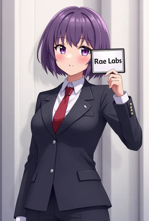  an anime girl ,  short and purple hair , dressed in an elegant suit wearing a tie with a sign in her right hand saying "Rae Labs"  and showing her to the spectator  