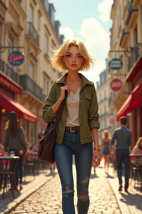 Create an image of a short-haired blonde 20-year-old 
Walking on the streets of Paris.