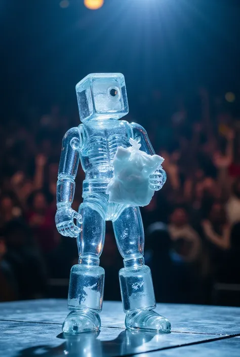 ICE CUBE holding a bag of ice cubes, on a stage, behind him is a wild audience, blurry background