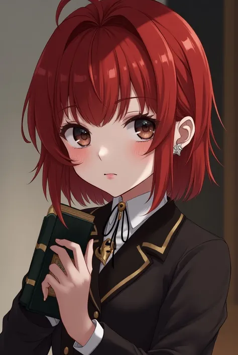 Create anime of a beautiful girl , manhwa style, 2D, Asian eyes,  strong red hair with bangs and a hime cut, Detailed face, with black eyes,  with a dot under her left eye ,  Half-length portrait, elevated details,  holding a book in her right hand ,  wear...