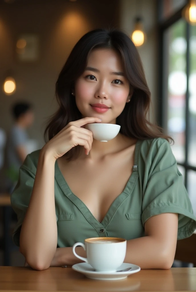  handsome and unique 35-year-old Korean veterinary technician, face, far away_Hair, beautiful, city girl,  cleavage, western,  summer dress , hot girl,  sitting in a cafe , drinking cappuccino , (masterpiece),  best quality ,  high resolution image,  Extre...