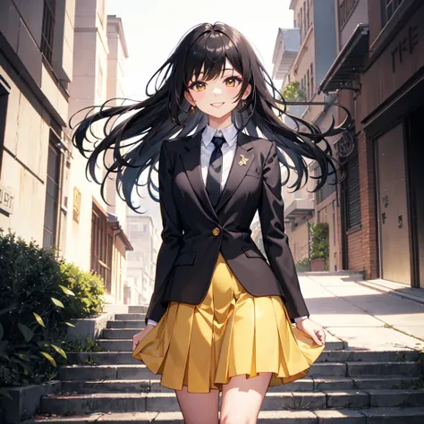  Pretty Girl background, black hair, The left eye is red and the right, yellow, she has bangs, Wear a suit and skirt , She smiles. There is a beautiful landscape behind .