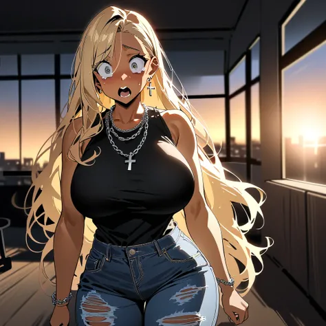 best quality, masterpiece, solo, 1 girl, tall, long hair, big breasts, thick thighs, cross earring on right ear, hair swept left, blonde hair, tanned, silver chain necklaces, black tanktop, ripped jeans, surprised, scared, teary eyed, living room backgroun...