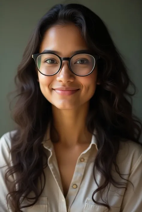 Curly long hair with spectacles cute face Indian teacher with  sawli skin