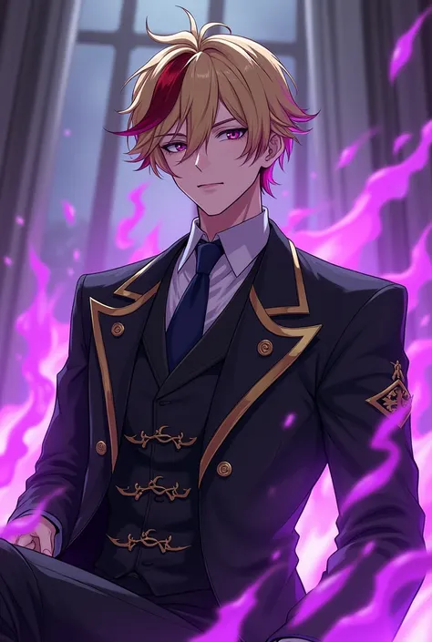 young man, blond hair with crimson tips blood  , short hair, purple eyes , noble suit black gold ,light skin ,toned room  , destructive purple flames around it,  full body ,anime type