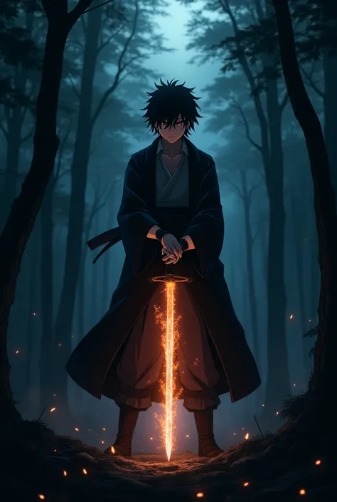  Tanjiro Kamado from Demon Slayer - Show Tanjiro in a dark forest, Holding his sword tightly, with a determined look.  The blade of the sword is wrapped in an aura of fire and water ,  creating a mixed effect that recalls his water breathing power .  The s...